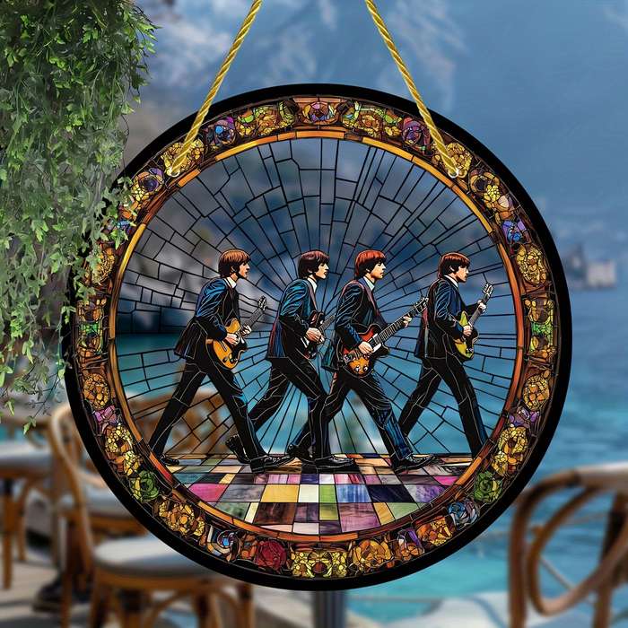 1pc 2D Flat 20.32cm Round Acrylic Sun Catcher with Stained Glass Style Iconic Beatles Design Vi