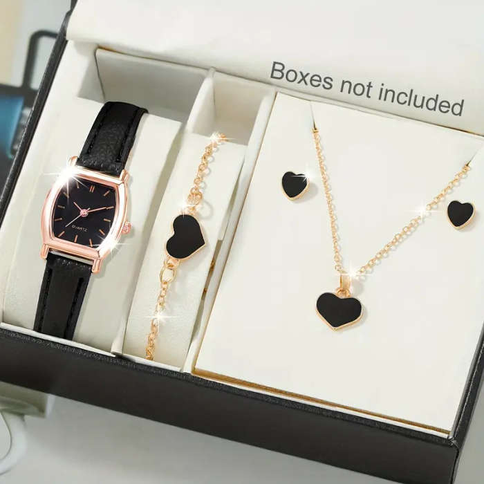 Ladies Watch 5pcs/Set Women Brown PU Strap Casual Quartz Watch And Heart Necklace Earings Bracelet J