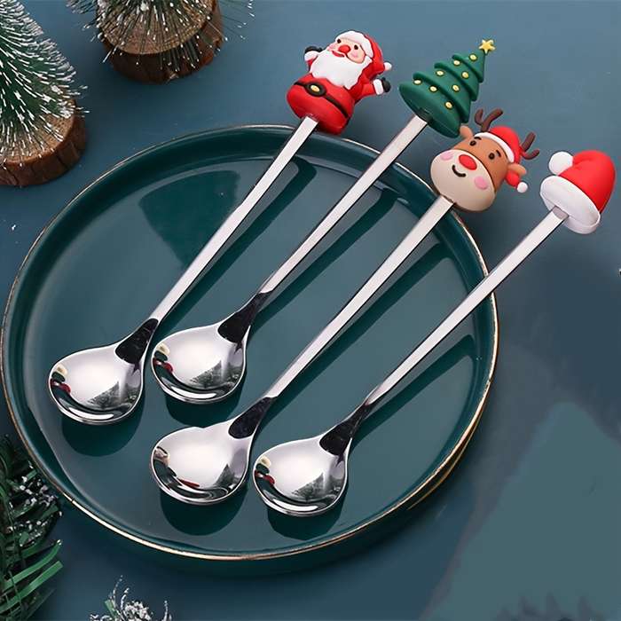 4pcs Christmas Coffee Spoon Set Stainless Steel Santa Reindeer Designs for Holiday Dining