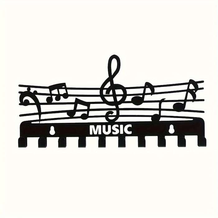 1pc Black Iron Music Note Key Hook Rack Multifunctional Wall-Mounted Storage Organizer Painted Fin
