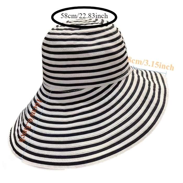 1pc Black White Striped Wide Brim Bucket Hat Lightweight Breathable Sun-Protective Fisherman