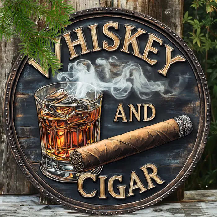 1pc 3D Painted Rustic Wooden Round Sign Whiskey and Cigar Artistic Decorative Wall Art Unframed Clas