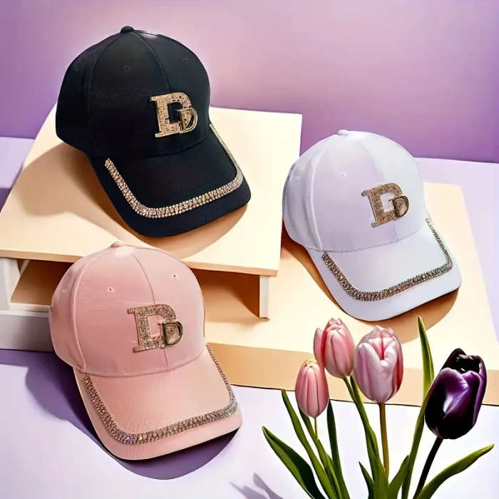 1pc Stylish Black Baseball Cap with Golden Letter D Rhinestone Trim Adjustable Toggle