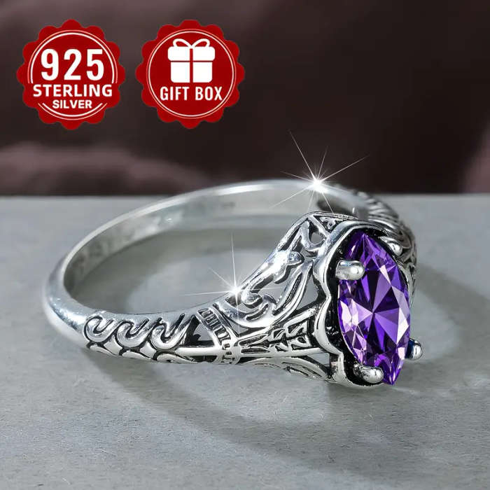 S925 Silver Vintage Elegant Marquise Cut Purple Synthetic Synthetic Zirconia Ring
