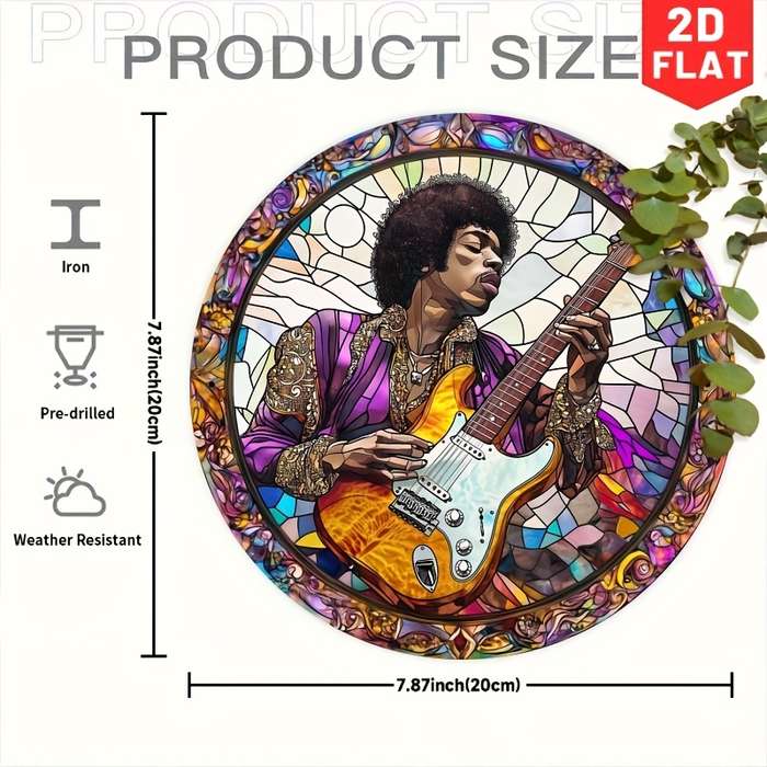 1pc 2D Flat Vintage Guitarist Metal Wall Art 19.99cm Round Iron Sign with Stained Glass Design