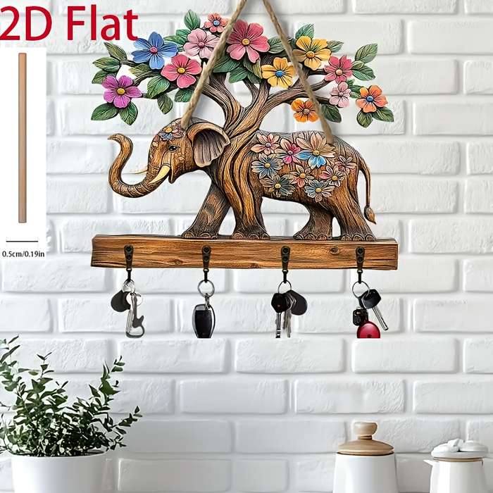2D Flat 1pc Floral Elephant Simple Colorful Wooden and Home Key Hanger with Four Metal Hooks 2D Fl