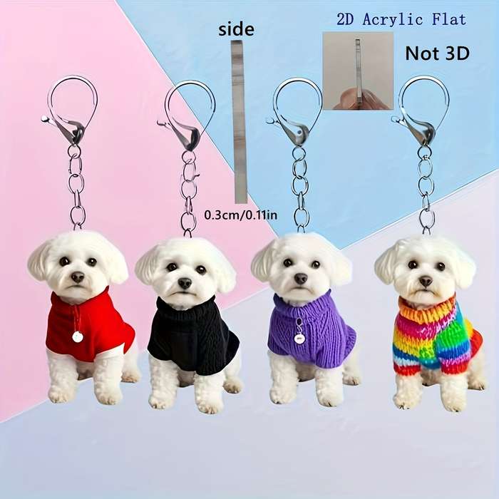 1pc 2D Flat  Acrylic Flat Bichon Frise Keychain Adorable Dog Sweater Design Perfect for Bags Car Key