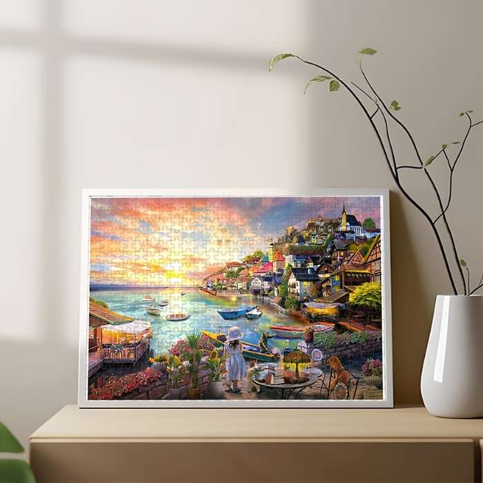 1000pcs Premium Jigsaw Puzzle for Adults Vibrant Coastal Harbor Scene with Boats