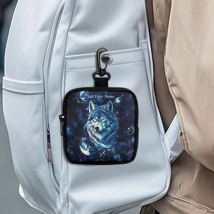 1pc Starry Arctic Wolf Coin Purse Customizable Name Black Polyester Mini Wallet with Keychai