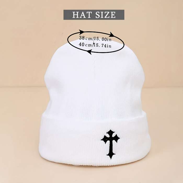 1pc 100% Acrylic Beanie Elastic Fit Embroidered Dark Cross Knit Beanie Unisex Thick Knitted Skul