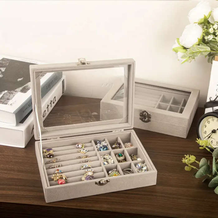 Plastic Jewelry Storage Box with Velvet Lining & Glass Lid - 9 Ring/Earring & 7 Necklace/Brace