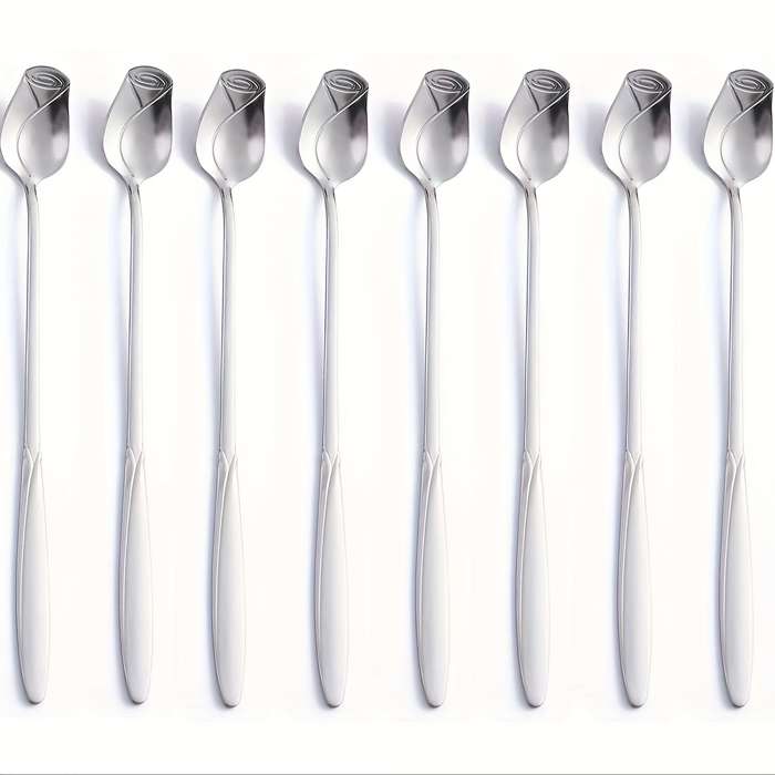8pcs High-Quality Stainless Steel Rose Flower Spoon Fashionable Design 6.77-inch Long Handle