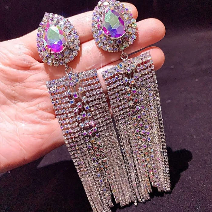 5 Pairs/Pack Luxury Synthetic Zircon Inlaid Copper Long Women's Earrings