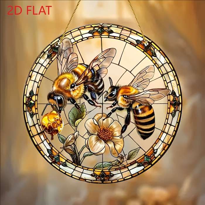 1pc 2D Flat  20.32cm Acrylic Bee and Flower Stained Glass-Style Suncatcher Vibrant Wall Hanging D