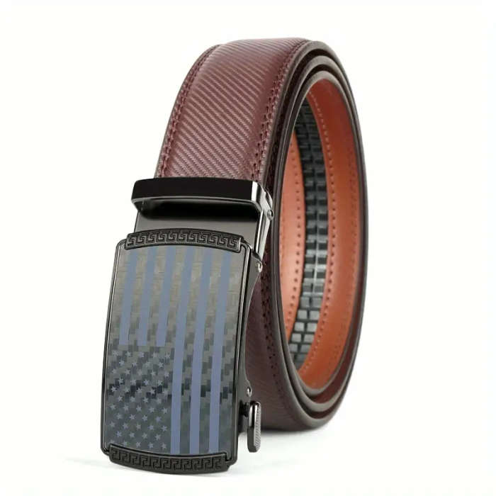 Men's Genuine Leather Ratchet Belt with Adjustable Automatic Buckle Black 120cm