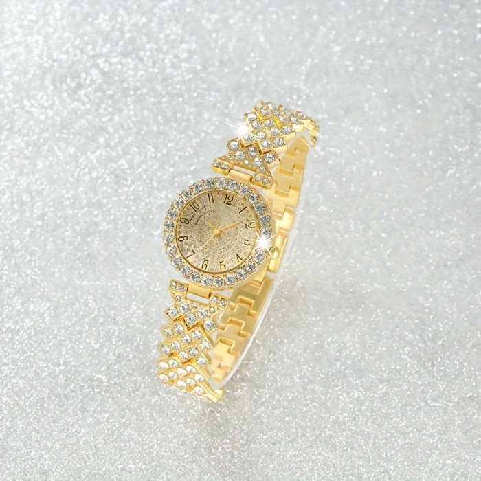 2pcs set Elegant Rhinestone Watch Stainless Steel Fashion Minimalist Luxury Full Rhinestone Bracelet