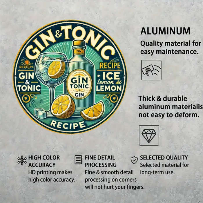 1pc Vintage Cheers Gin Tonic 20.32x20.32cm Round Metal Sign Durable Aluminum Wall Art with Vibrant G