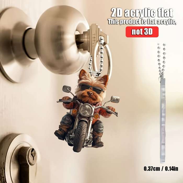 1pc 2D Flat   Yorkshire Terrier Riding Motorcycle  Acrylic Hanging Ornament Flat Design with