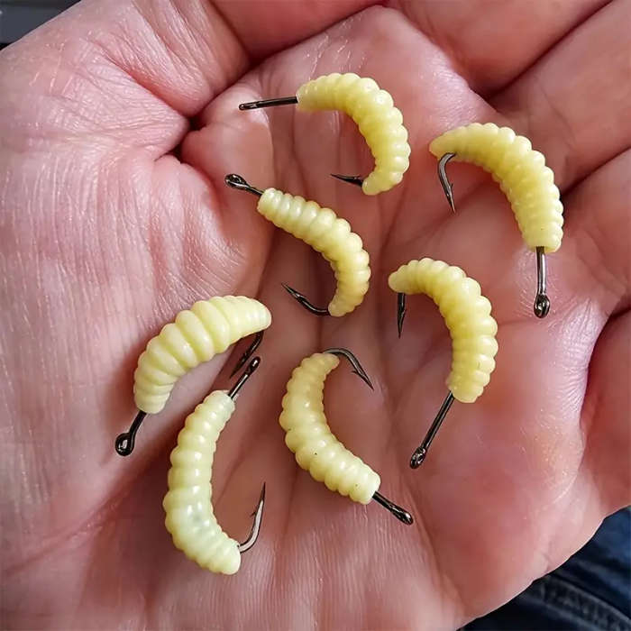 12pcs Yellow Rubber Maggots Fishing Bait Set with Hooks Versatile Grub Lures for Bass Trout Crappie