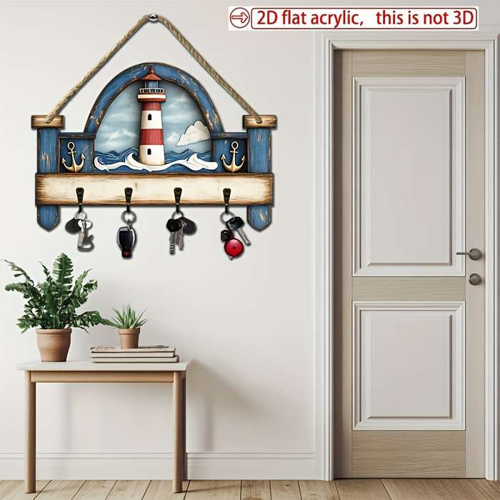 Vintage Nautical Lighthouse Wooden Key Holder2D Flat Design with Four Metal Hooks Colorful Wall