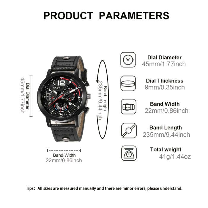2pcs set Men's Quartz Watch SOKI Brand Casual Style with Large Numeric Dial Calendar Function Black