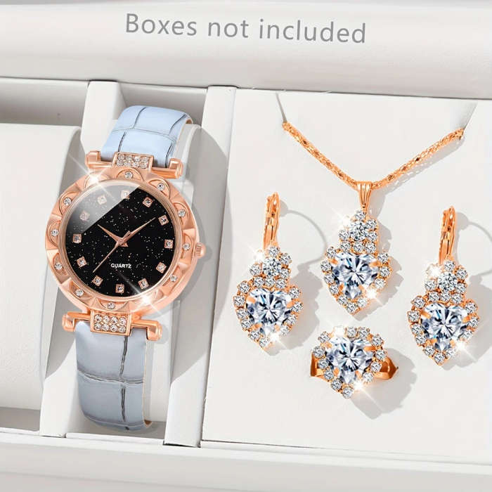 5pcs set Women's Quartz Watch Set Elegant Chic Shiny Rhinestones PU Leather Perfect Gift