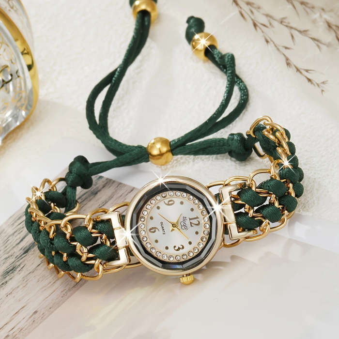 1pc Rhinestone-Inlaid Dial Adjustable Braided Cord Durable Quartz Movement Ladies' Wristwatch Fashio