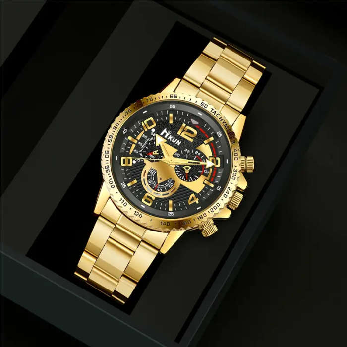 5pcs Men's Luxury Gift Set Golden-Tone Quartz Watch with Date Display Stylish Fashion Glasses Faux L