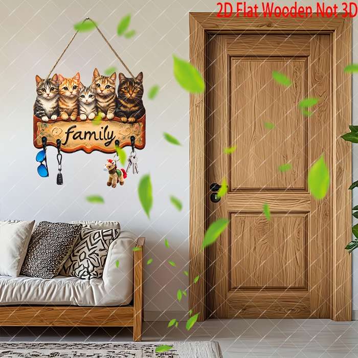 1pc Rustic Wooden "Family" Key Holder with Charming Cat IllustrationsBohemian Style Wall-Mounted