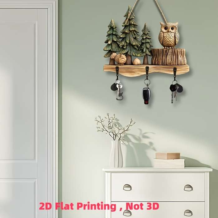 Charming 2D Crow and Forest Colorful Wooden Key Holder30.0cm x 24.99cm with 4 Metal Hooks Perfec
