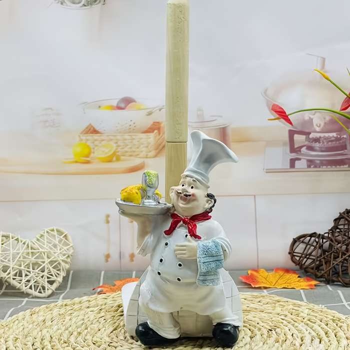 1pc Cartoon Chef Bread-Shaped Paper Towel Holder Resin Kitchen Decor with Red Hat Apron Fu