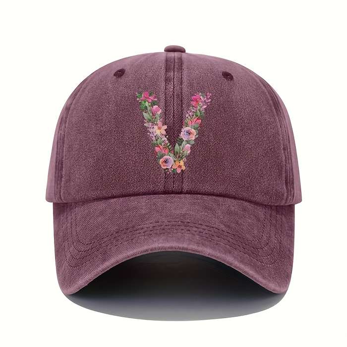 1pc Floral Letter V Print Baseball Cap Vintage Washed Cotton Hat Adjustable Sun Protection Cap wi