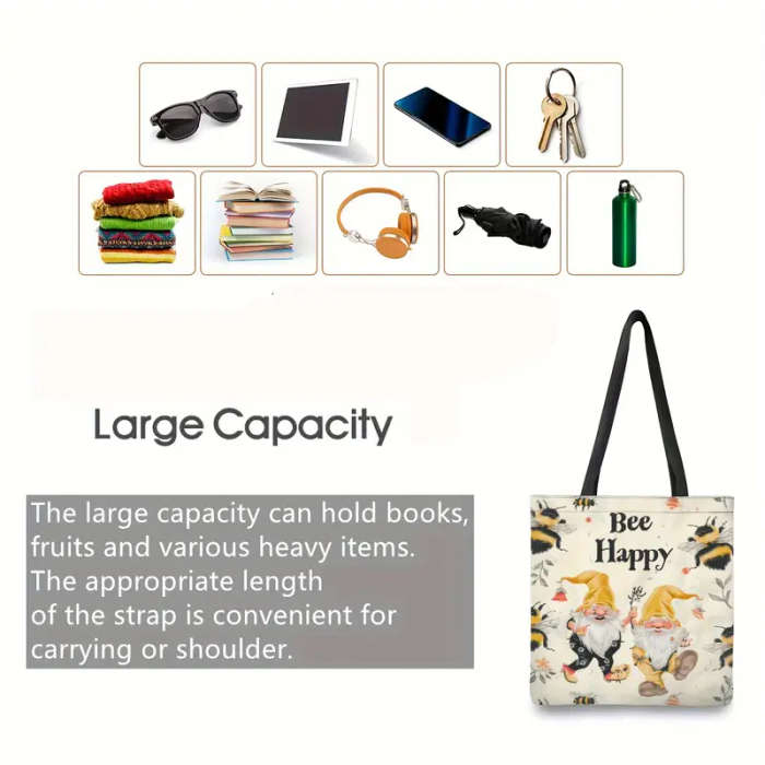 1pc Bee Happy Canvas Tote Bag with Cute Gnome Design Large Capacity