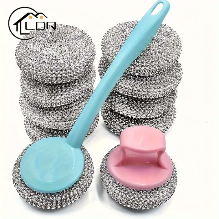 10Pack Stainless Steel Scrubber Set With 2 Non-Slip Handles Heavy Duty Metal Scouring Pads For Kitc