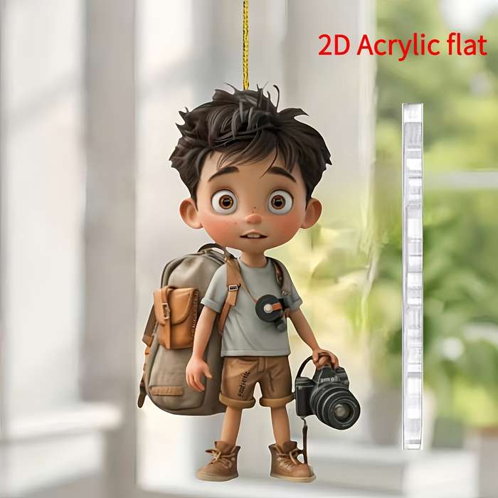 1pc 2D Flat  Acrylic Hanging Ornament Stylish Young Photographer with Camera Backpack Ideal for