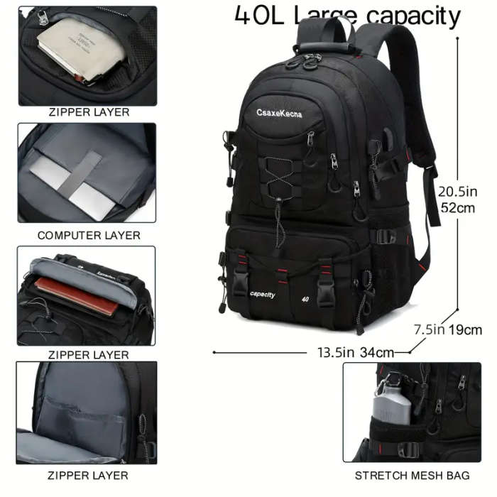 1pc Outdoor Adventure Backpack Durable Polyester USB Charging Port Fits 17-inch Laptop Perfect for H