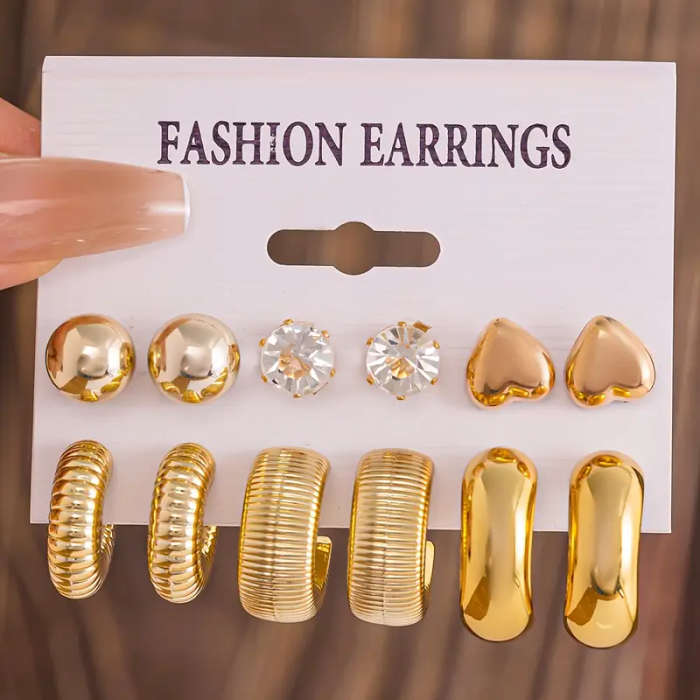 24 Piece New Artificial Crystal Heart Pearl Earrings Exaggerated C-Shaped Resin Gold-Plated