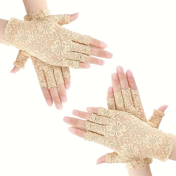 2 Pairs  Champagne Bridal Lace Gloves