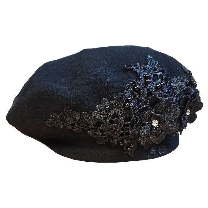 1pc Stylish Knitted Beret with Embroidery Design and Rhinestone Accents Vintage Style Fashionabl