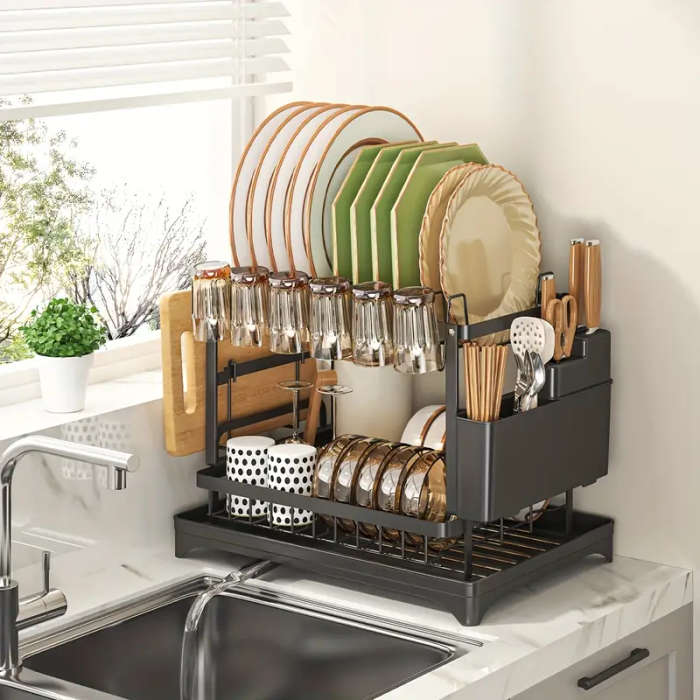 1pc Large Capacity 2-Tier Dish Drying Rack with Drainboard, Double-Layer Bowl & Cup Rack, Detachable