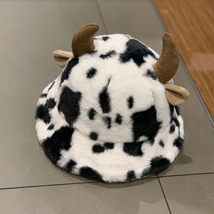 1pc Adorable Trendy Classic Bucket Hat For Autumn Winter Horns Cow Print Pattern Warm Fisherma