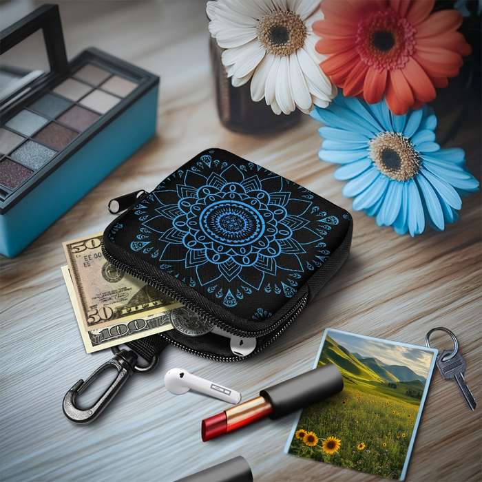 1pc Mandala Flower Coin Purse with Hook Stylish Polyester Earphone Key Organizer Zippered Trav