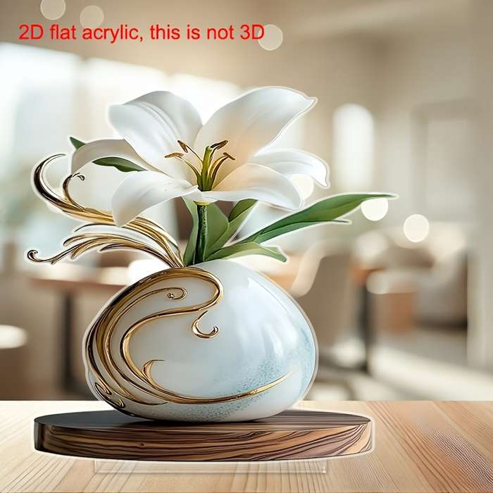 1pc 2D Flat  Acrylic Vase with Elegant White Lilies and Golden Accents Ideal for Home Office or