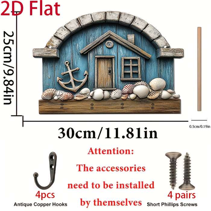2D Flat 1pc Seaside Shell Cabin Simple Colorful Wooden and Home Key Hanger with Four Metal Hooks 2
