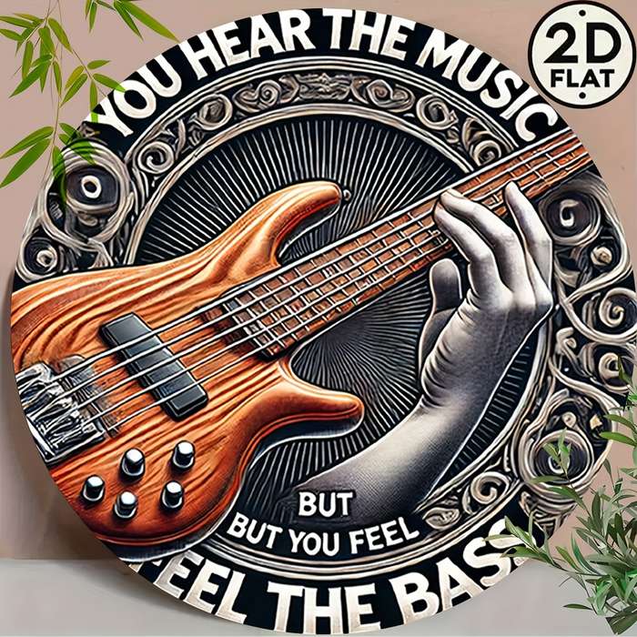 1pc  Electric Bass Guitar Metal Sign 8-inch Round Vintage-Inspired Wall Art You Hear the Mus