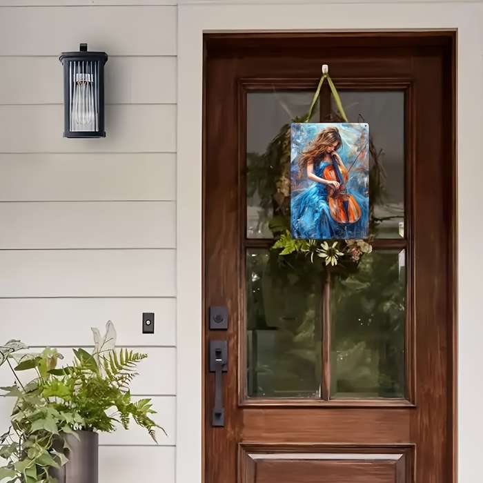 1pc 2D Flat Iron Wall Art Logo Cello Artist Blue Dress Woman Music Studio Art Music Student Gif