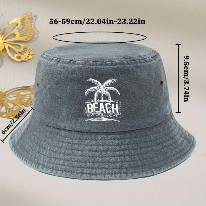 1pc Vintage Washed Grey Beach Bucket Hat with Palm Tree Print Unisex Sun Protection Fisherman Cap