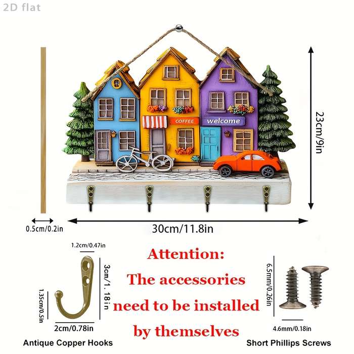 2D Flat 2D flat 1pc Warm Town CafeWooden multifunctional home key hanger (29.97cm x 22.86cm) w