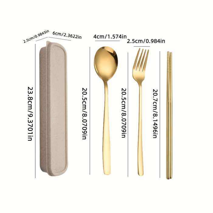 Set Of 4 Stainless Steel Portable Cutlery Including Fork Spoon And Chopsticks With A Reusab