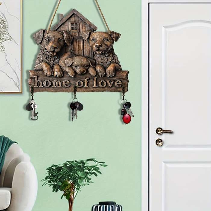 2D Flat 1pc Dog House Simple Colorful Wooden and Home Key Hanger with Four Metal Hooks 30.0cm x 2